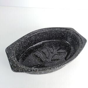 Vintage Black Graniteware‎ Oval Small Oven Roasting Pan, Speckled Enamel 13x8"